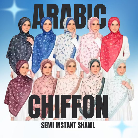 Arabic Print Chiffon Semi Instant Shawl